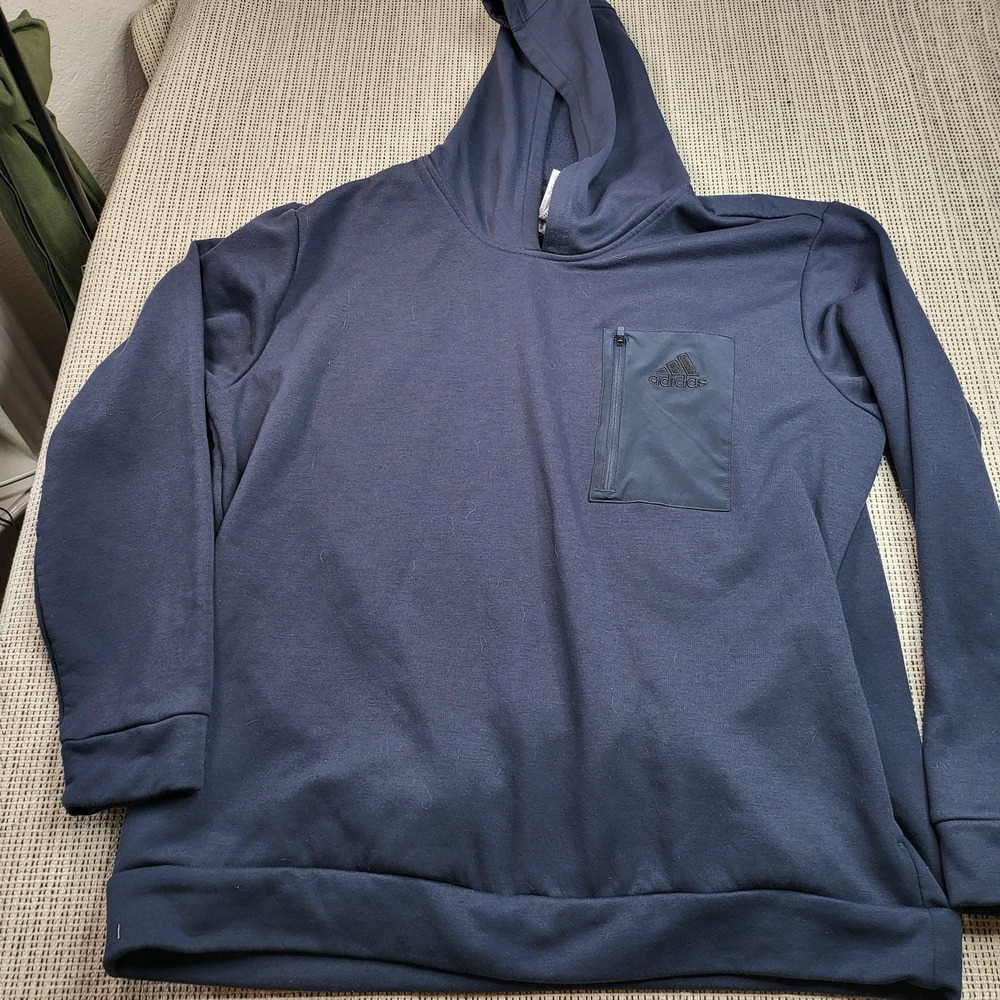Adidas Hoodie Sweatshirt Mens 2XL Blue Fleece Pullover Chest Zip‎ Pocket Logo